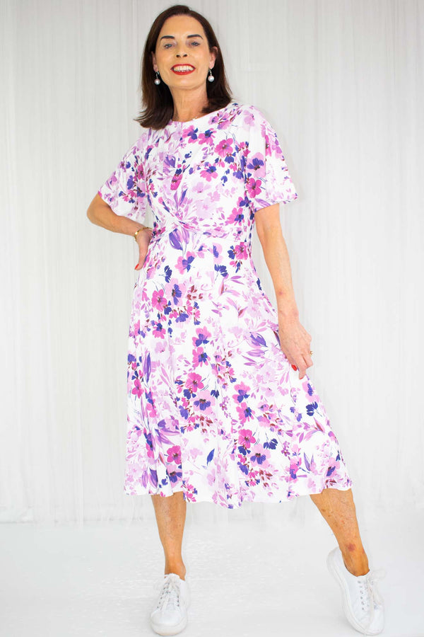 Camille Cinched Waist Floral Print in White with Pink