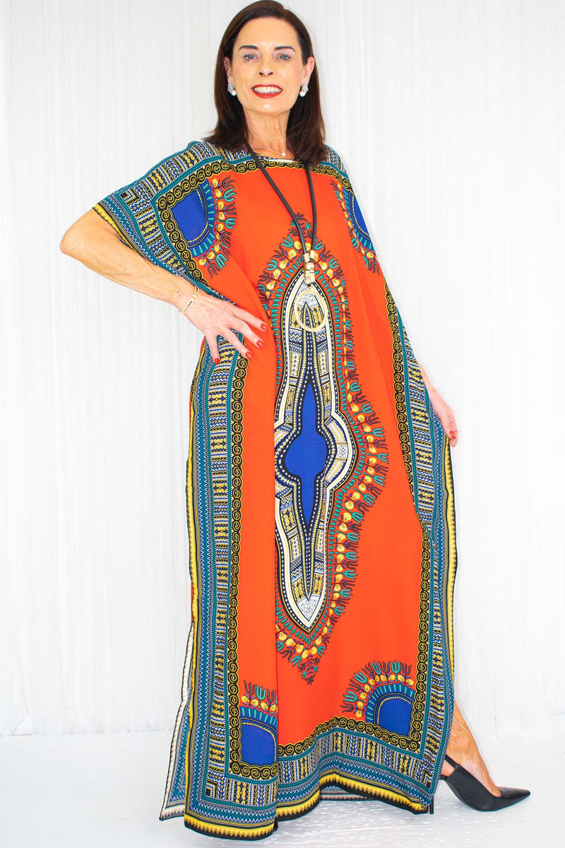 Kailani Kaftan Dress in Red with Multi