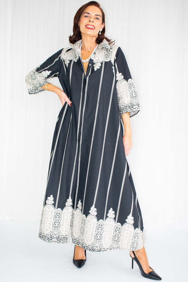 Luciana Pattern Shirt Dress in Black with Beige