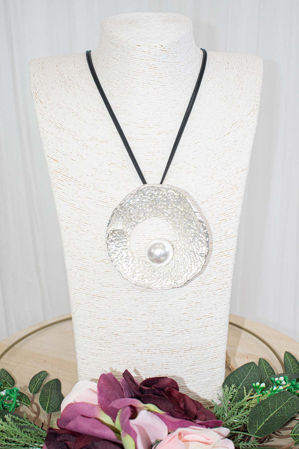 Longline Round Metal Necklace with Pearl Detail