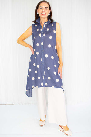 Sammie Spot Sleeveless Waterfall Top in Navy