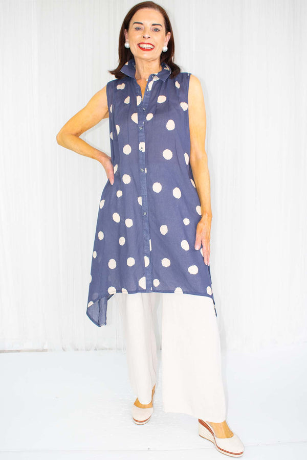 Sammie Spot Sleeveless Waterfall Top in Navy
