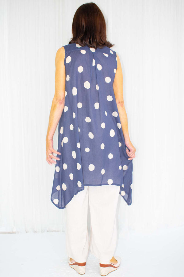 Sammie Spot Sleeveless Waterfall Top in Navy