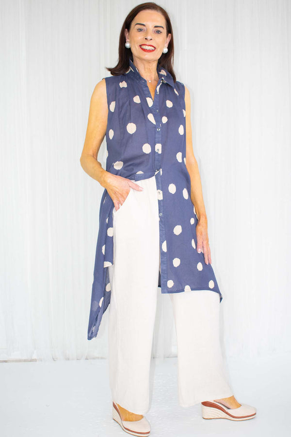 Sammie Spot Sleeveless Waterfall Top in Navy