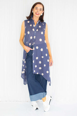 Sammie Spot Sleeveless Waterfall Top in Navy