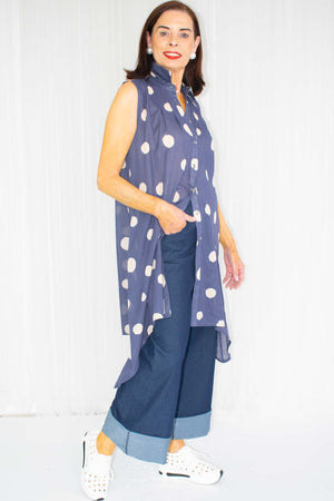 Sammie Spot Sleeveless Waterfall Top in Navy