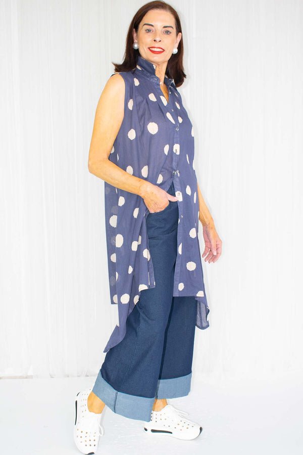 Sammie Spot Sleeveless Waterfall Top in Navy