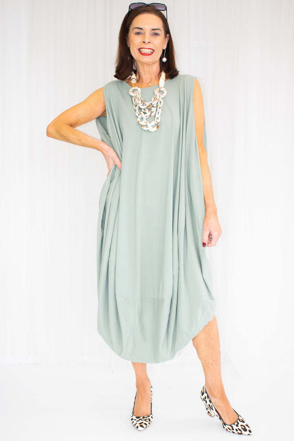 Simple Cocoon Jersey Tank Dress in Sage