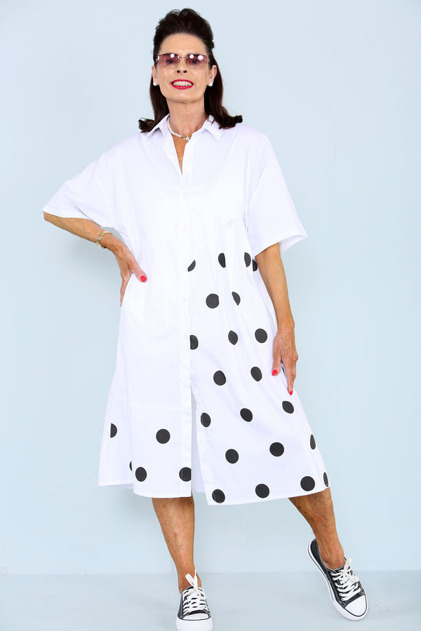 Dottie Dress in White with Black Spots
