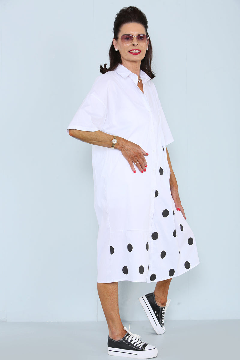 Dottie Dress in White with Black Spots