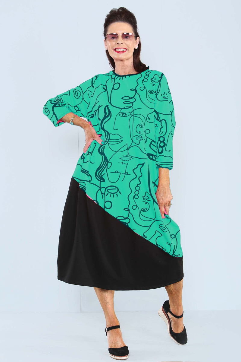 Two-Faced Dress in Teal with Black