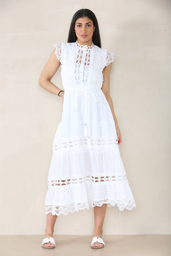 Lila  Fine Lace Capped Sleeve Dress in White