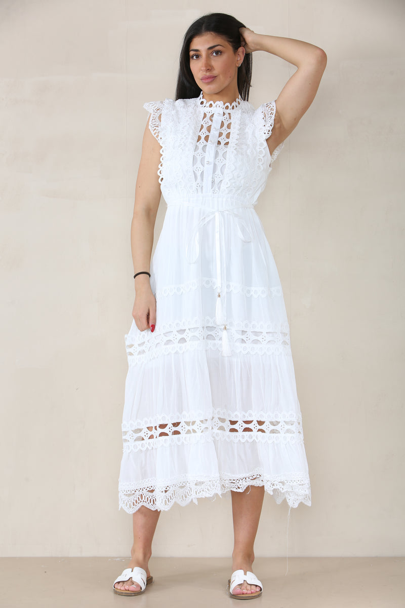 Lila  Fine Lace Capped Sleeve Dress in White