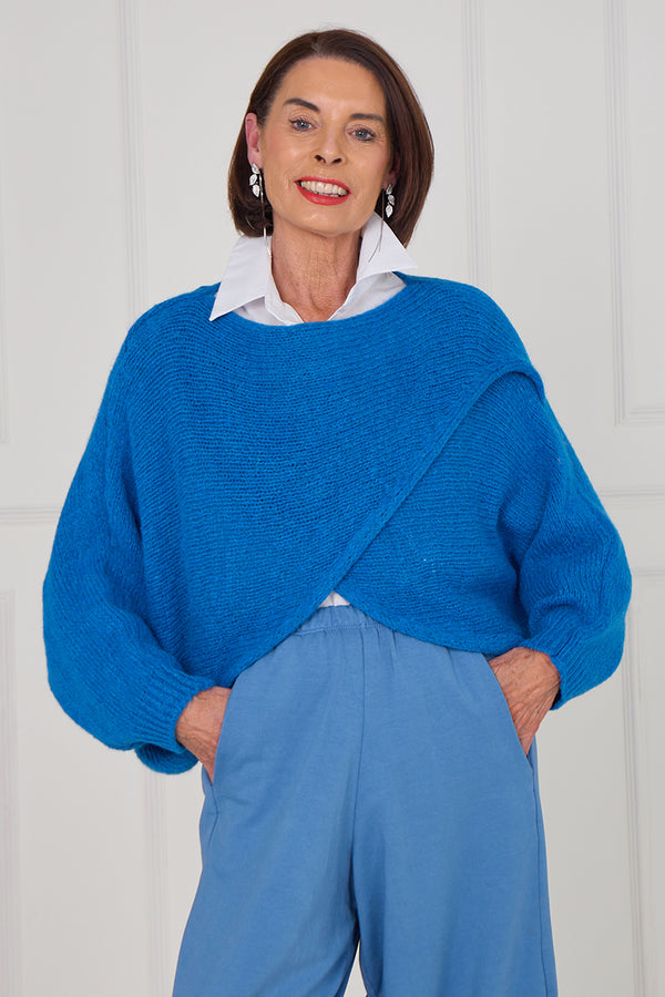 Tara crossover knitwear in aqua blue