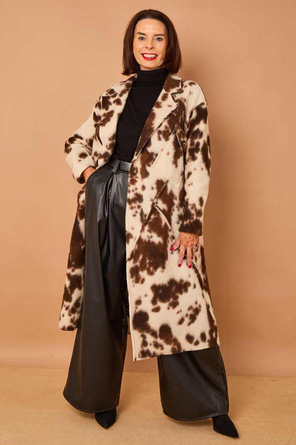 Martine long coat in cow print