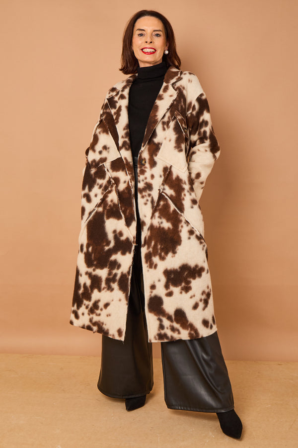 Martine long coat in cow print