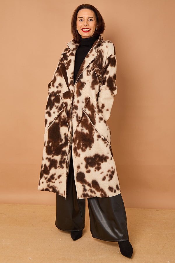 Martine long coat in cow print