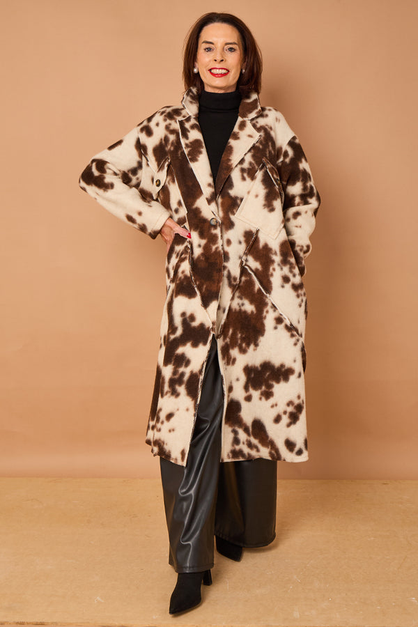 Martine long coat in cow print