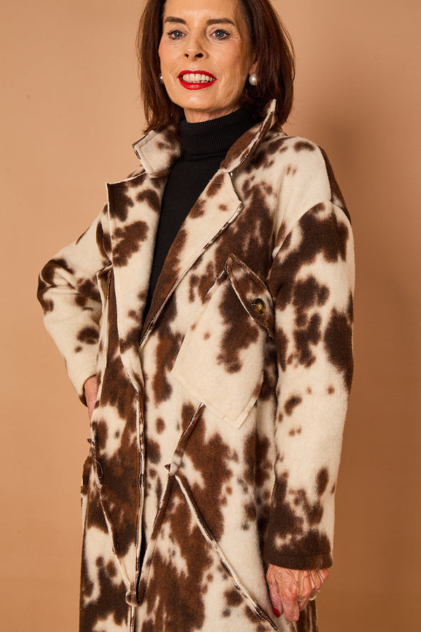 Martine long coat in cow print