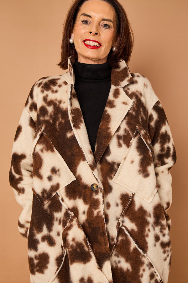 Martine long coat in cow print