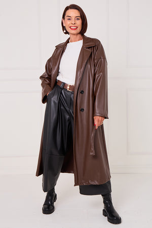 Piero PU long coat in chocolate