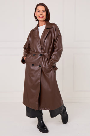 Piero PU long coat in chocolate