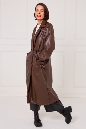 Piero PU long coat in chocolate