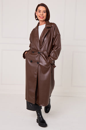 Piero PU long coat in chocolate