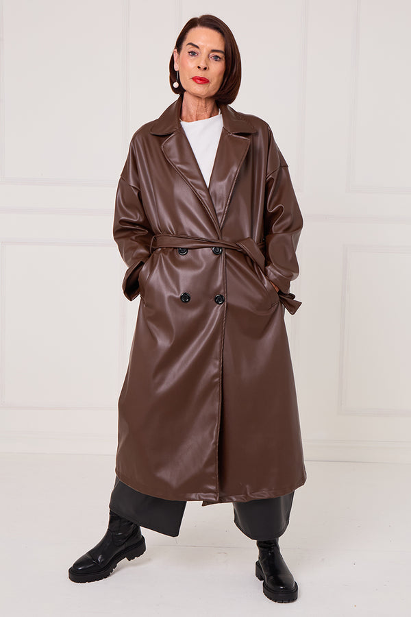 Piero PU long coat in chocolate