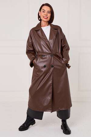 Piero PU long coat in chocolate