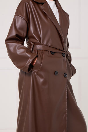 Piero PU long coat in chocolate