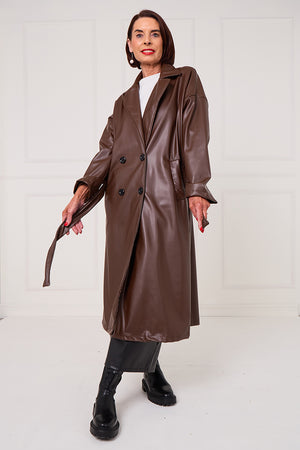 Piero PU long coat in chocolate