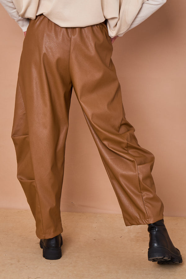 Lorenzo cocoon PU faux leather trousers in camel