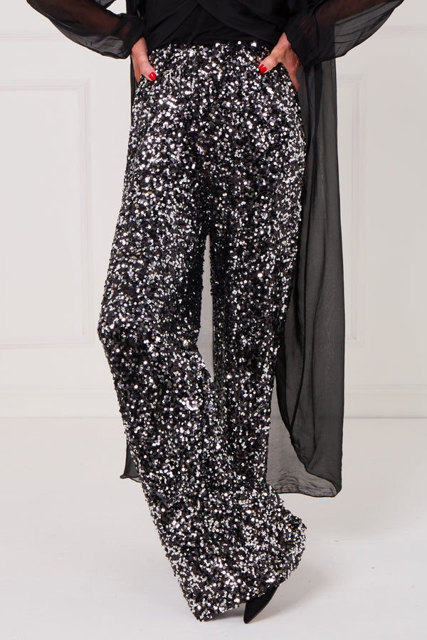 Monroe embellished diamante trousers in black with a splash of silver