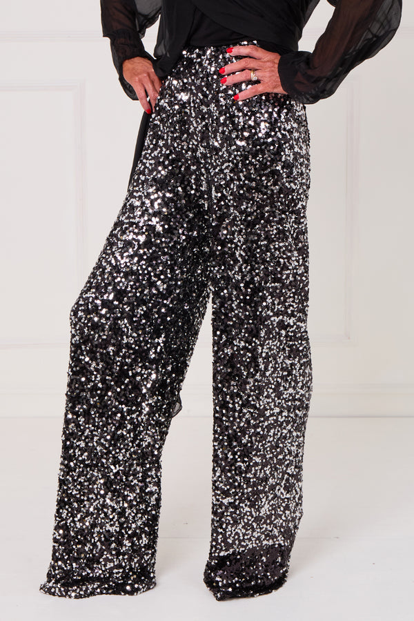 Monroe embellished diamante trousers in black with a splash of silver
