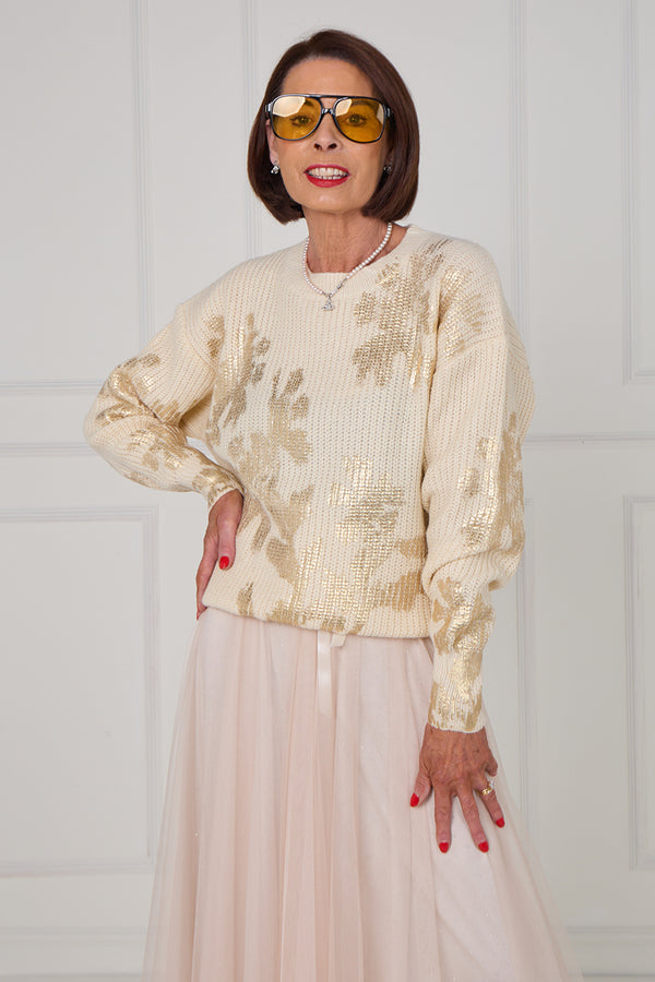 Flora foil knitwear in ecru with gold - Bond Street Store