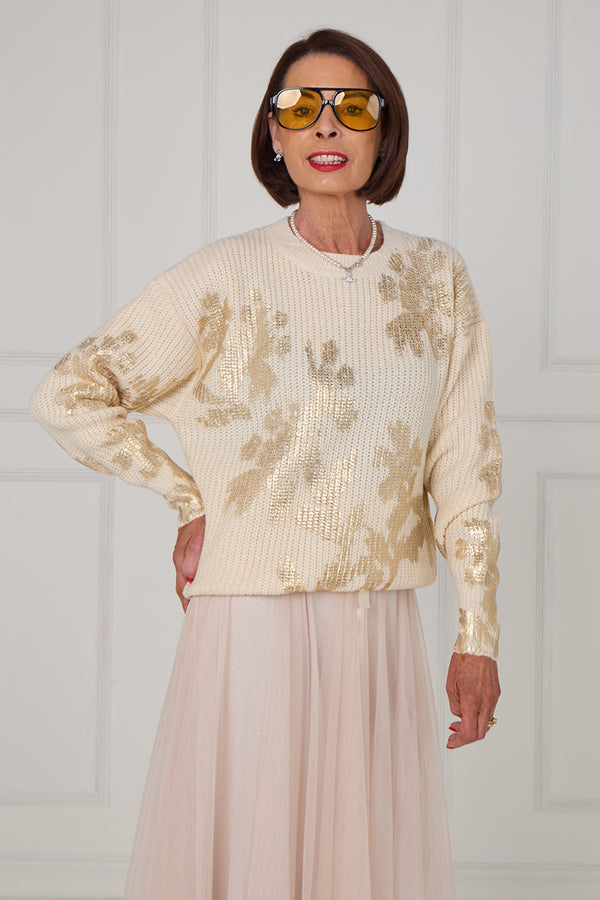 Flora foil knitwear in ecru with gold - Bond Street Store