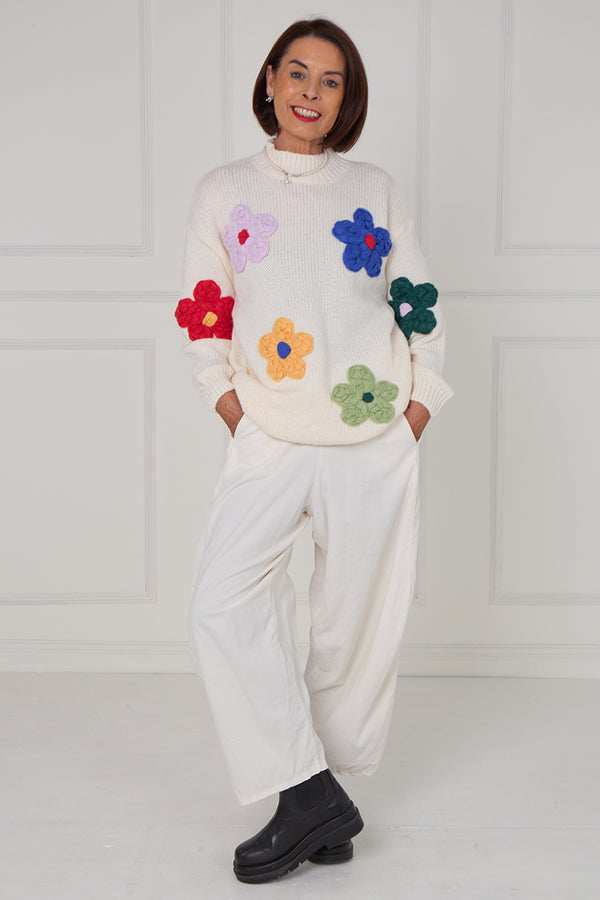 Claire 3d multi colour flower knitwear in ecru