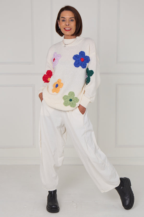 Claire 3d multi colour flower knitwear in ecru