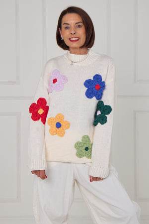 Claire 3d multi colour flower knitwear in ecru