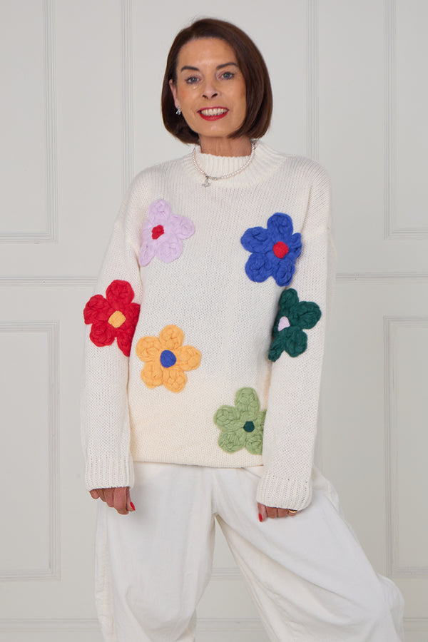 Claire 3d multi colour flower knitwear in ecru