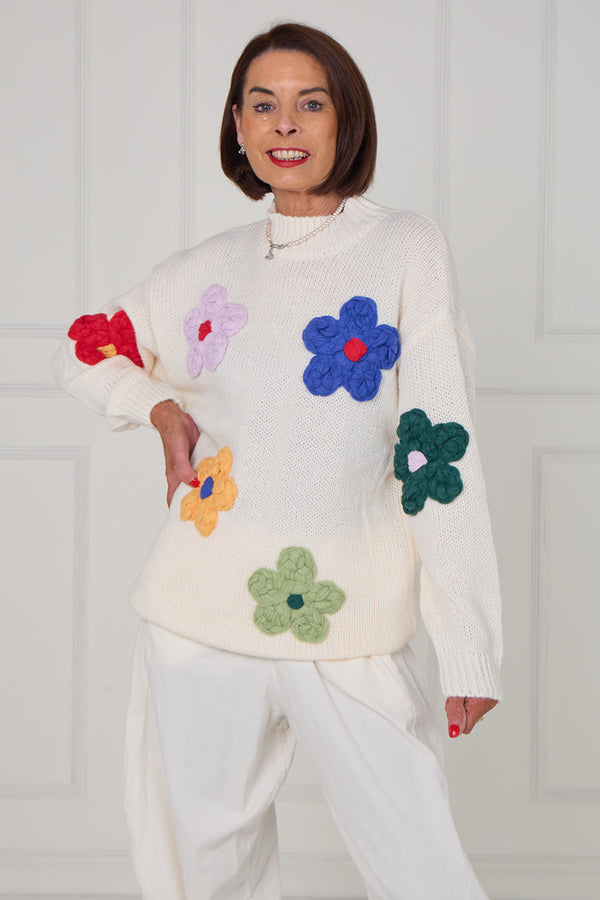 Claire 3d multi colour flower knitwear in ecru