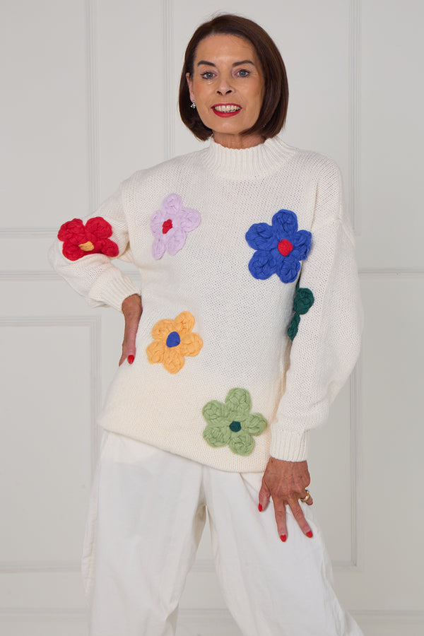Claire 3d multi colour flower knitwear in ecru