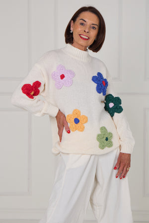 Claire 3d multi colour flower knitwear in ecru