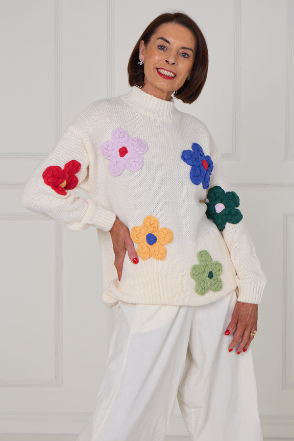 Claire 3d multi colour flower knitwear in ecru