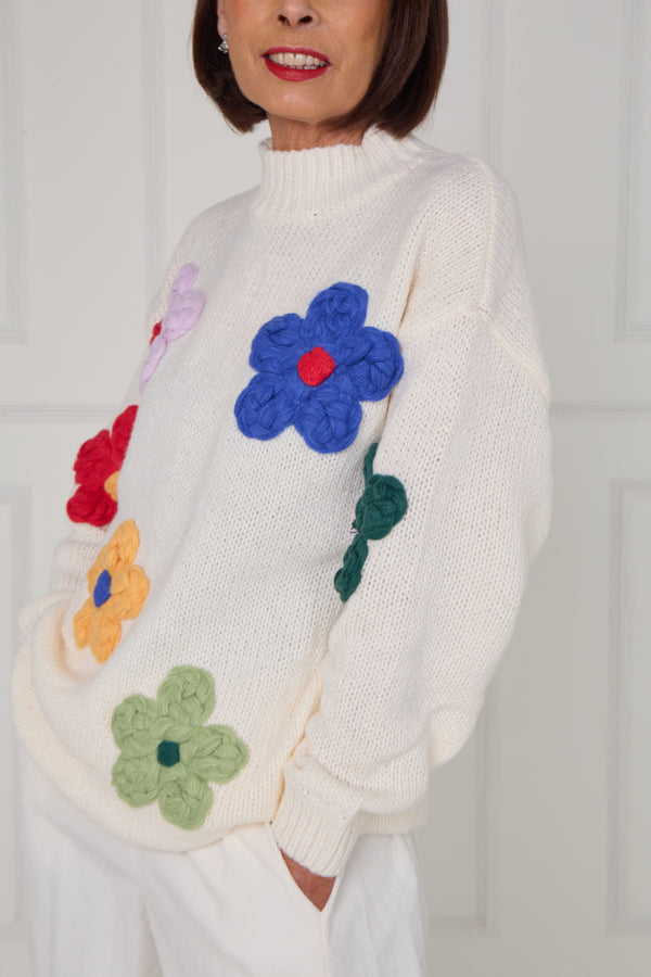 Claire 3d multi colour flower knitwear in ecru