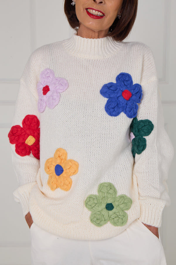 Claire 3d multi colour flower knitwear in ecru