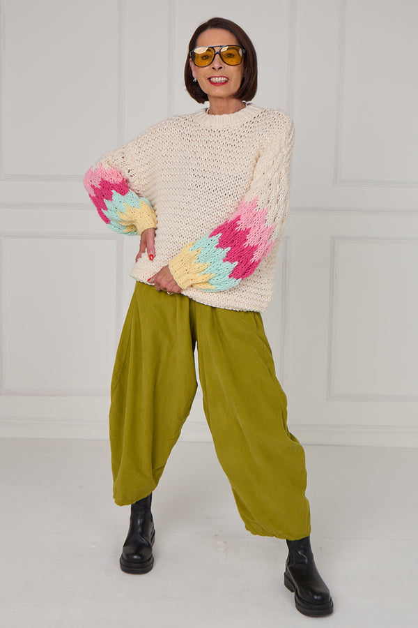 Victoria chunky knitwear in cream and multi colour sleeves - Bond Street Store