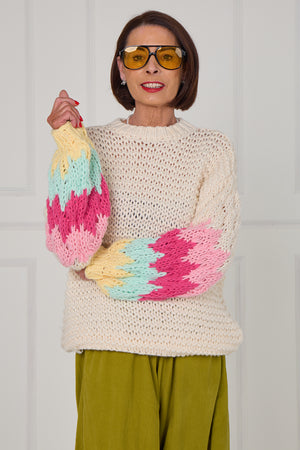 Victoria chunky knitwear in cream and multi colour sleeves - Bond Street Store