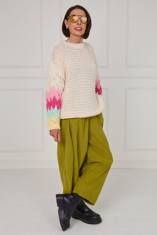 Victoria chunky knitwear in cream and multi colour sleeves - Bond Street Store